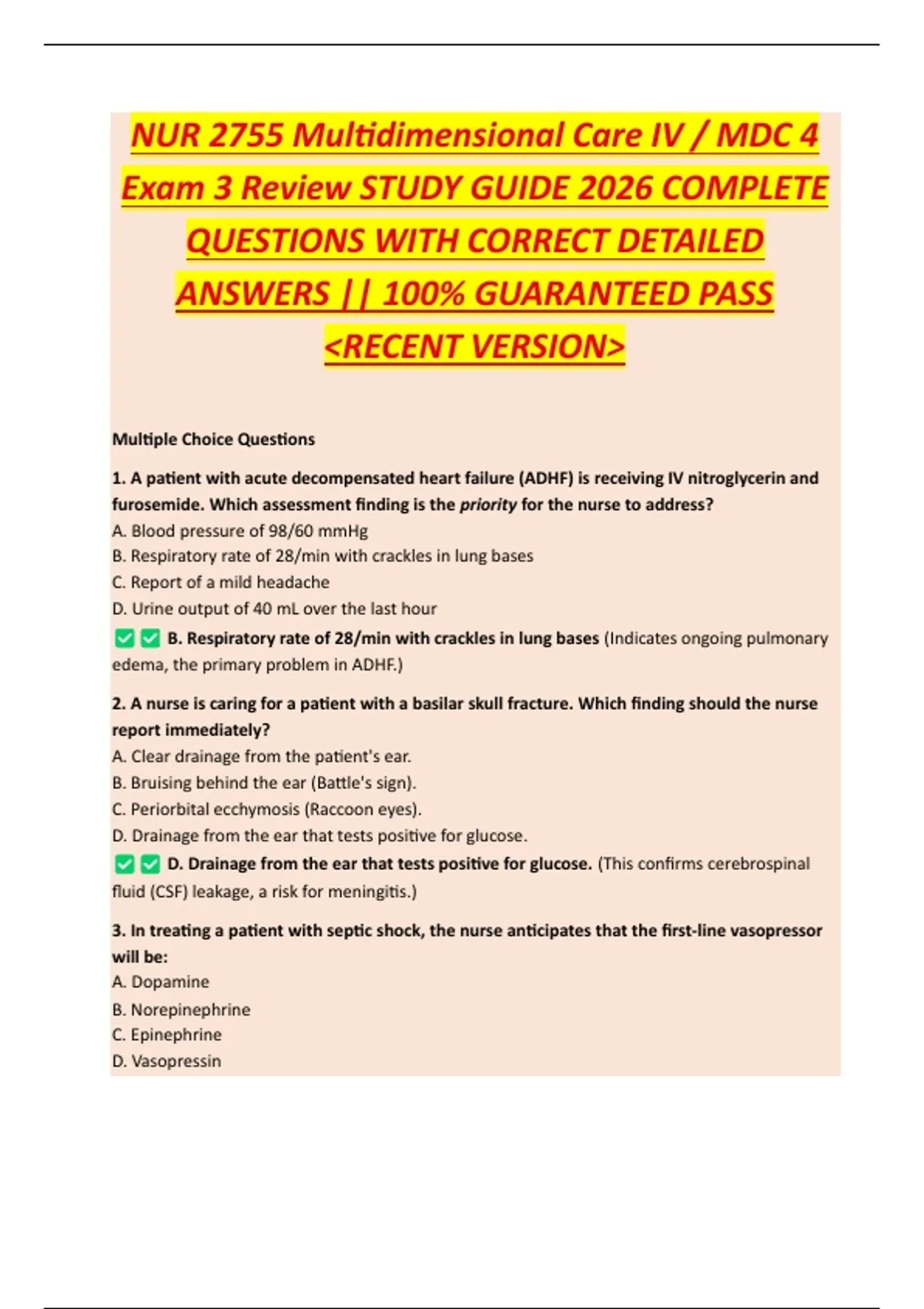 NUR 2755 Multidimensional Care IV / MDC 4 Exam 3 Review STUDY GUIDE ...