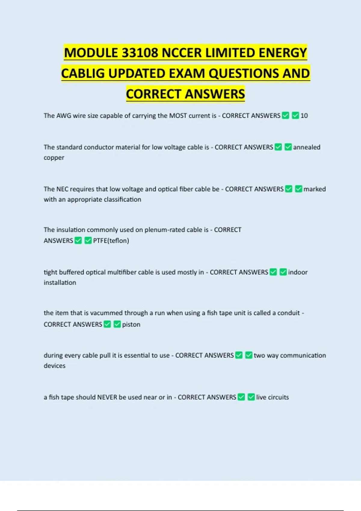 MODULE 33108 NCCER LIMITED ENERGY CABLIG UPDATED EXAM QUESTIONS AND ...