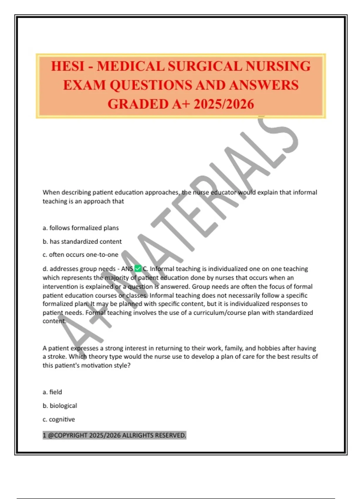 HESI - MEDICAL SURGICAL NURSING EXAM QUESTIONS AND ANSWERS GRADED A+ ...