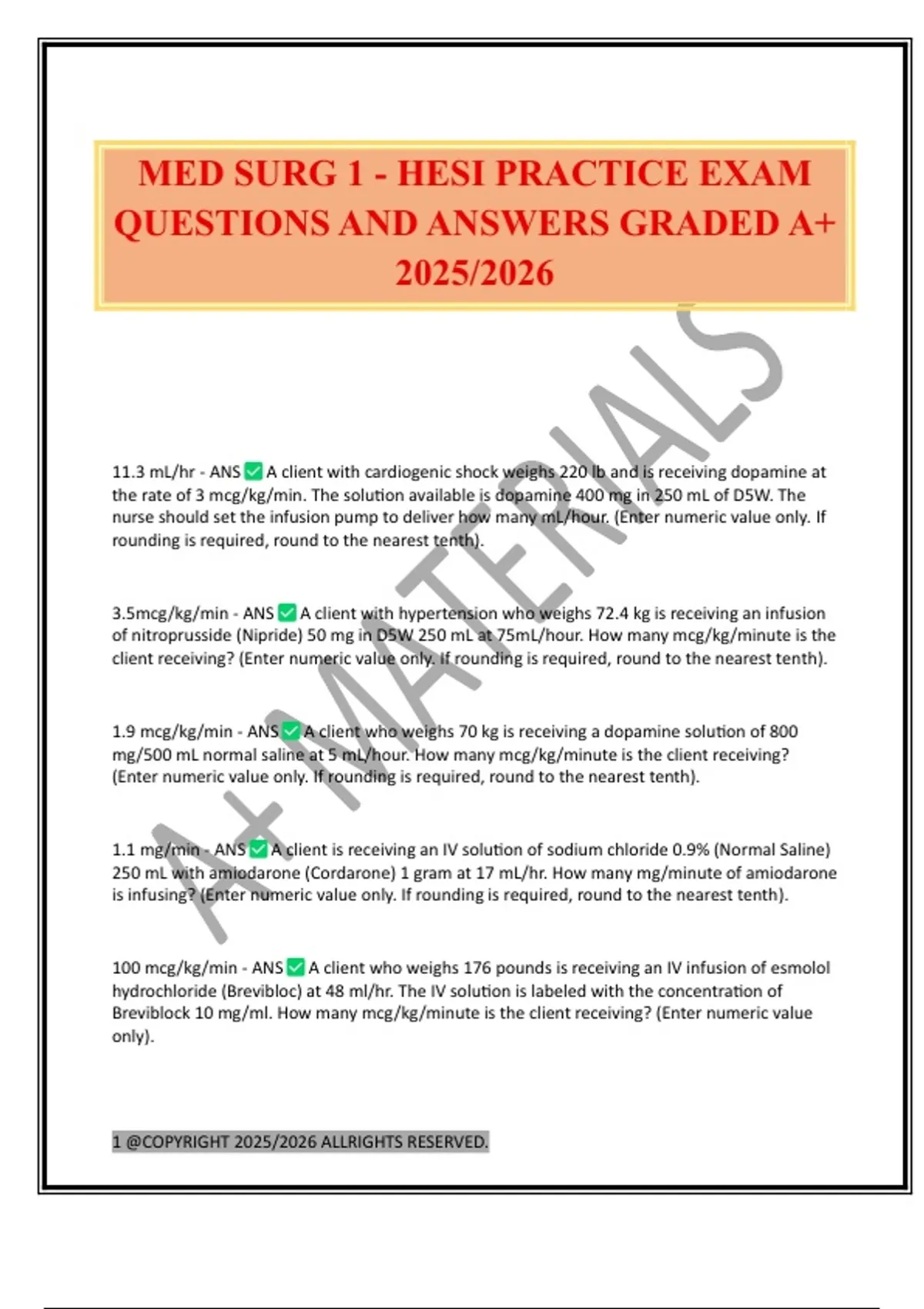 MED SURG 1 - HESI PRACTICE EXAM QUESTIONS AND ANSWERS GRADED A+ 2025/ ...
