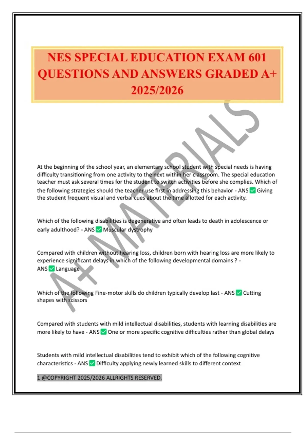 NES SPECIAL EDUCATION EXAM 601 QUESTIONS AND ANSWERS GRADED A+ 2025/ ...