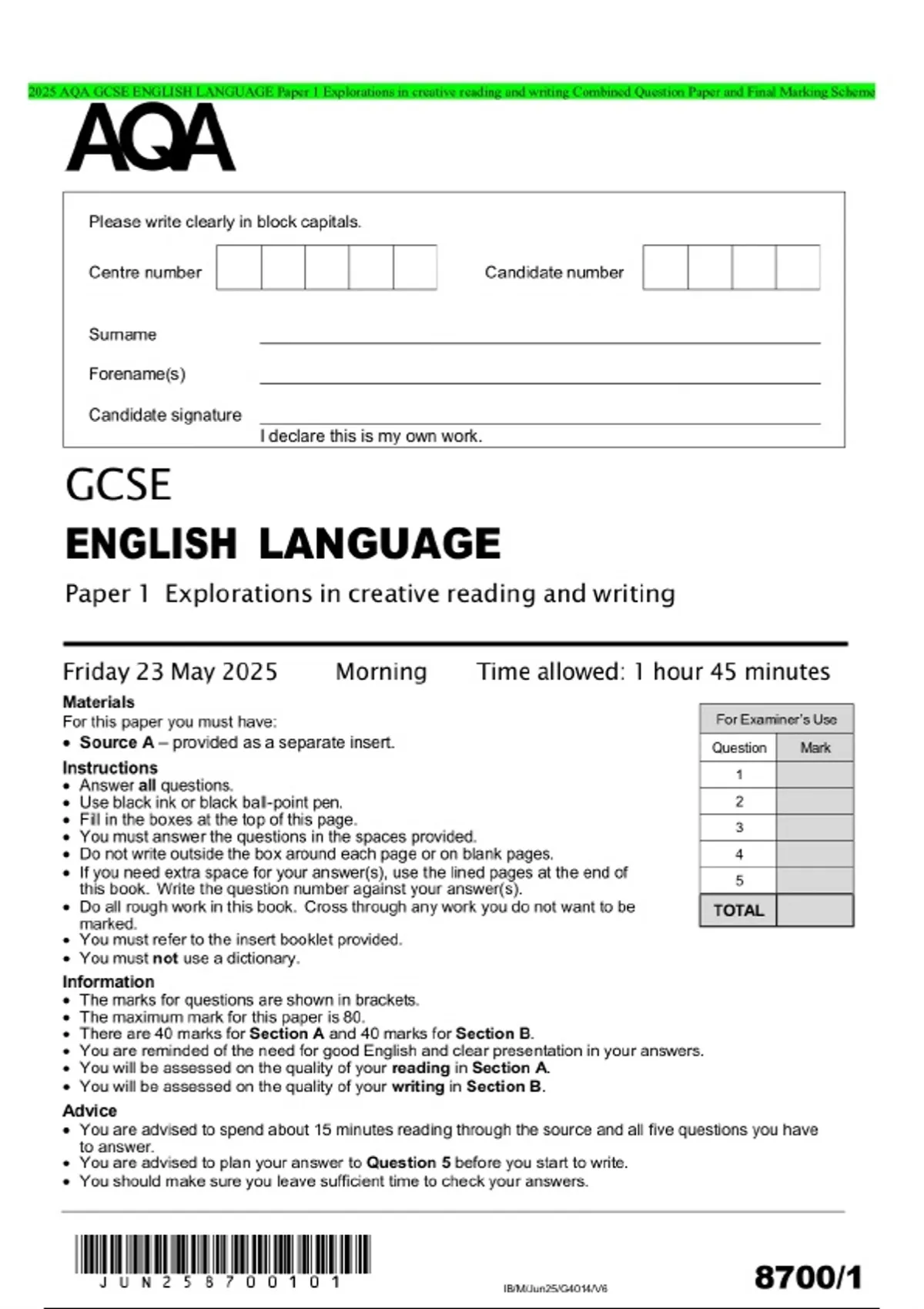 2025 AQA GCSE ENGLISH LANGUAGE Paper 1 Explorations in creative reading ...