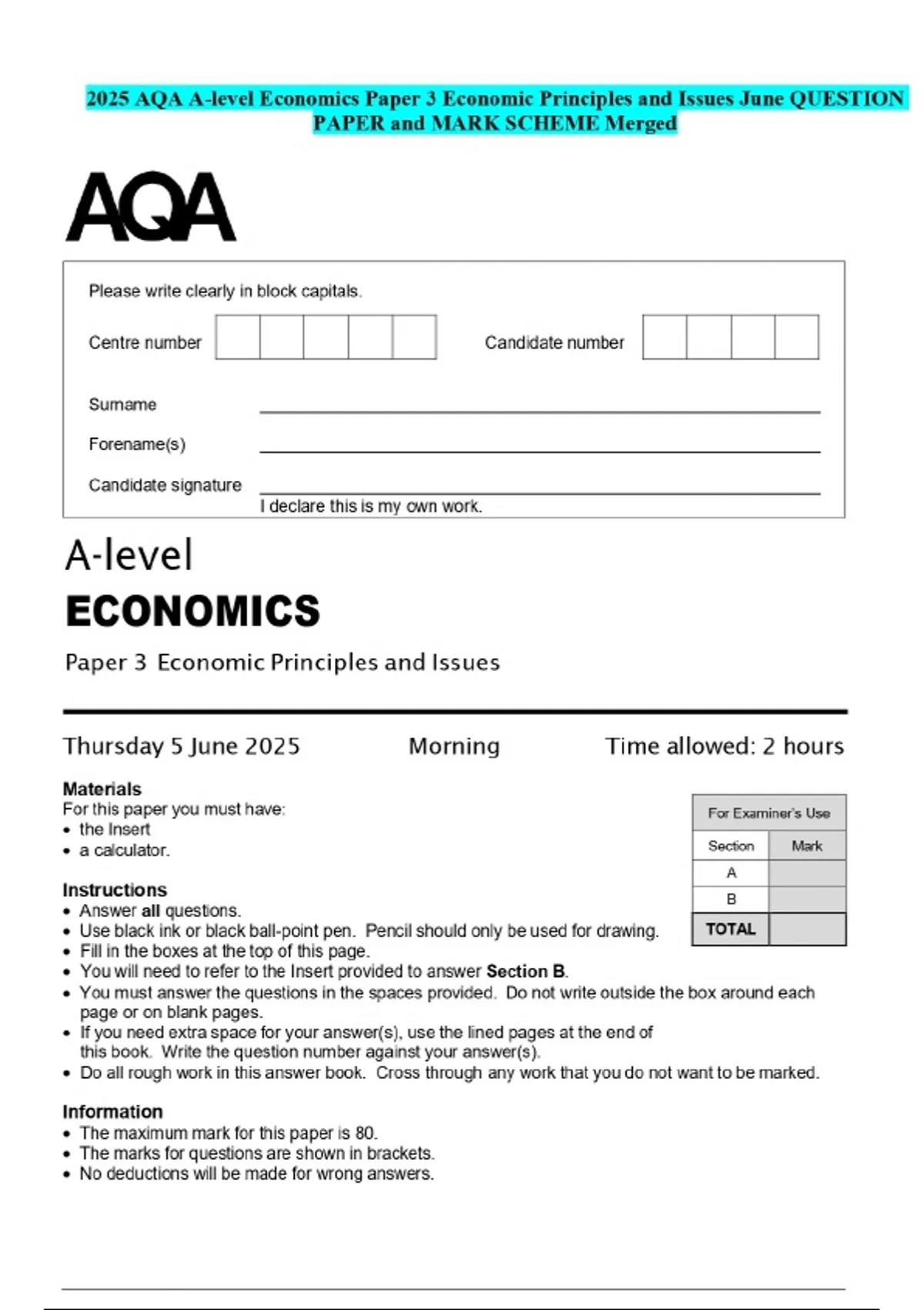 2025 AQA A-level Economics Paper 3 Economic Principles and Issues June ...
