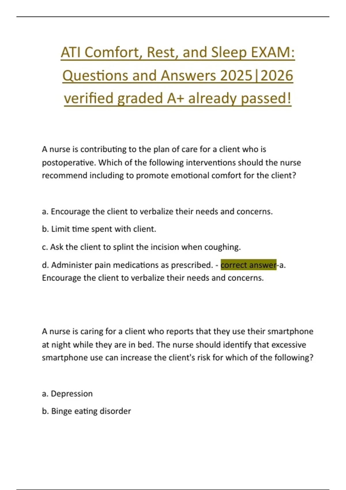 ATI Comfort, Rest, and Sleep EXAM: Questions and Answers 2025|2026 ...