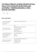 VICTORIA FORKLIFT LICENSE NEWEST ACTUAL EXAM WITH COMPLETE QUESTIONS AND ANSWERS&sol;&sol; VERIFIED&sol;GRADED A&plus;&sol;100&percnt; SOLVED ANSWERS
