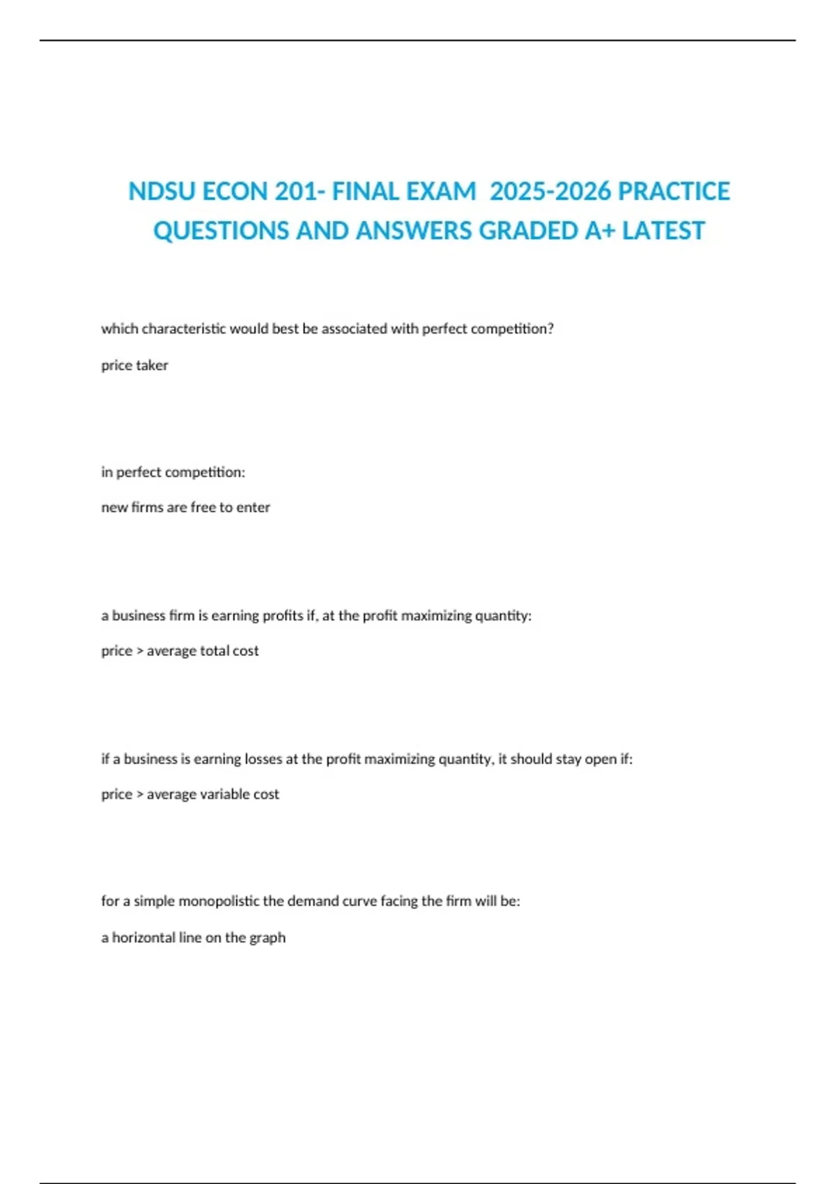NDSU ECON 201- FINAL EXAM PRACTICE QUESTIONS AND ANSWERS GRADED A+ ...