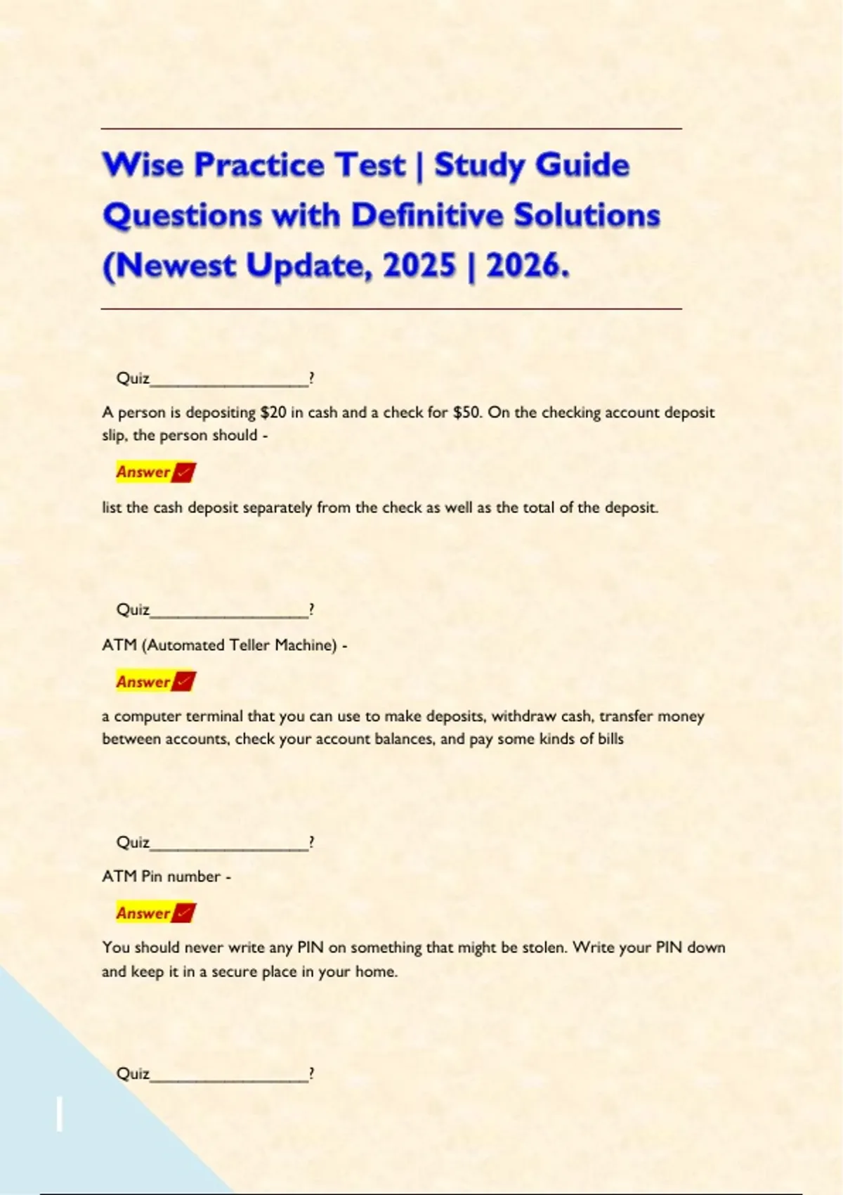 Wise Test Example Wise Practice Test | Study Guide Questions with Definitive Solutions ...