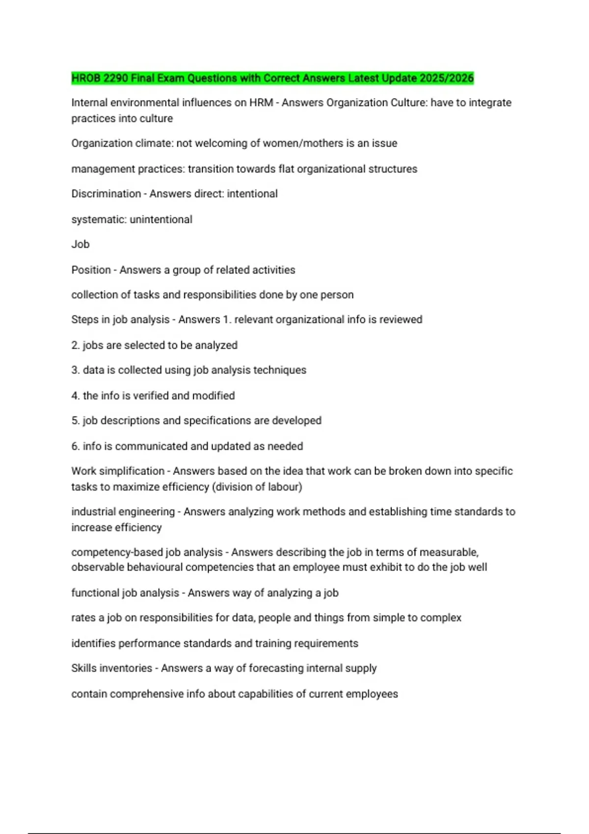 HROB 2290 Final Exam Questions with Correct Answers Latest Update 2025/ ...