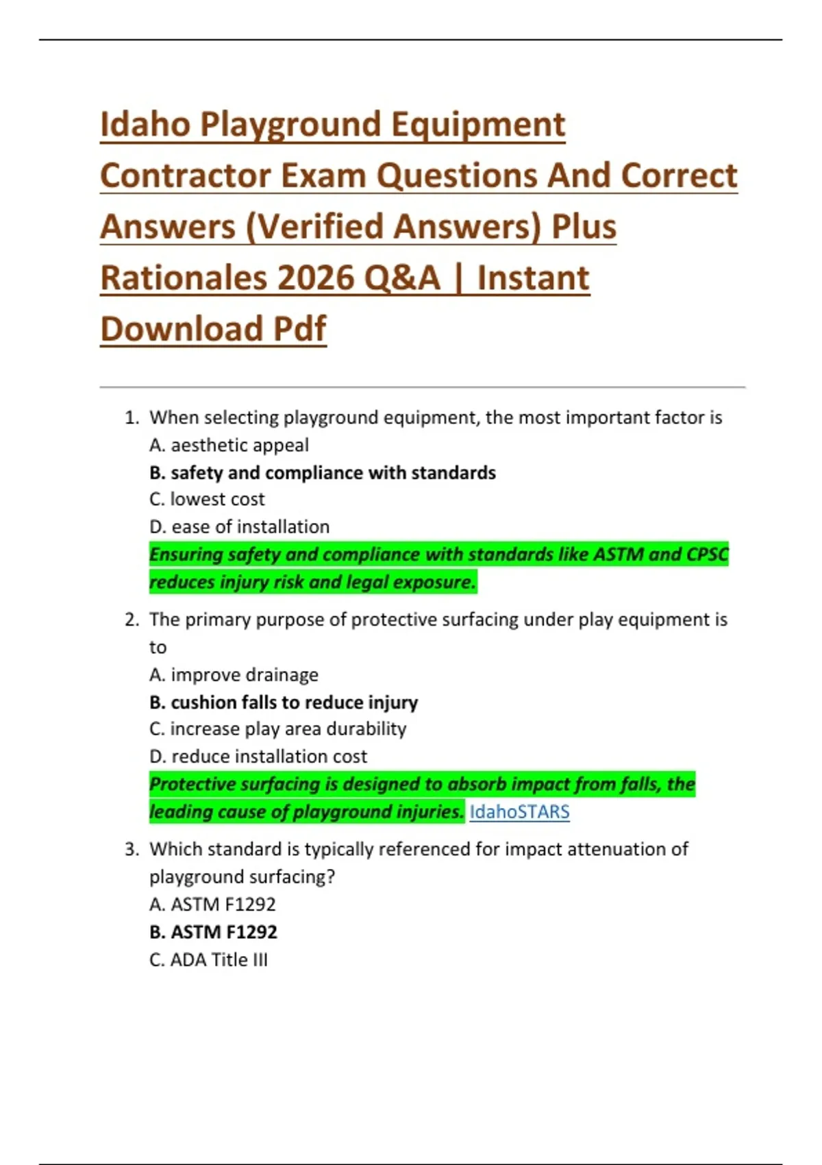 Using Else If Playgrounds Answers.pdf Idaho Playground Equipment Contractor Exam Questions And Correct ...