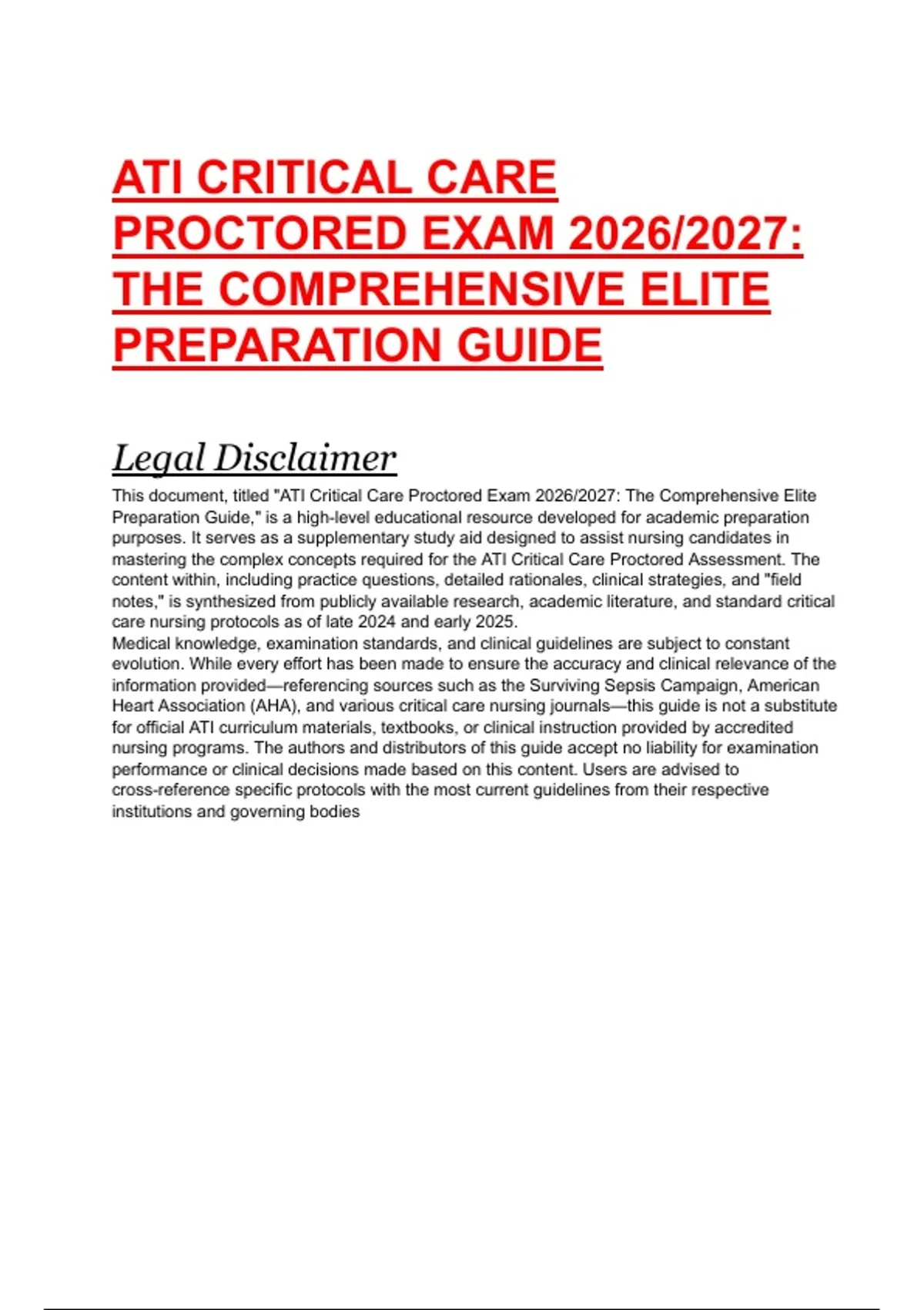 ATI Critical Care Proctored Exam 2026/2027 – Comprehensive Elite ...