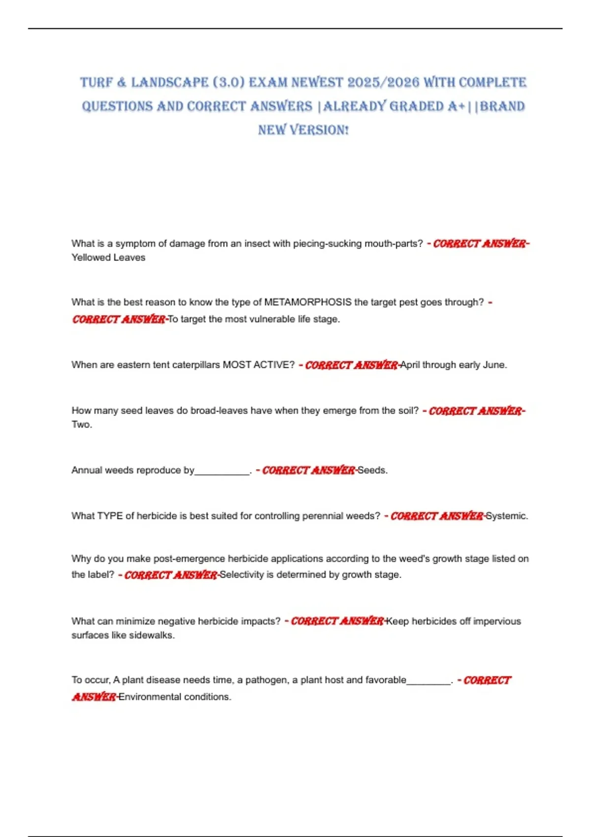 Turf & Landscape (3.0) exam newesT 2025/2026 wiTh compLeTe QuesTions ...