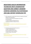 REGISTERED HEALTH INFORMATION  TECHNICIAN &lpar;RHIT&rpar; EXAMINATION  QUESTION AND CORRECT ANSWERS  &lpar;VERIFIED ANSWERS&rpar; PLUS RATIONALES  2026 Q&A INSTANT DOWNLOAD PDF 