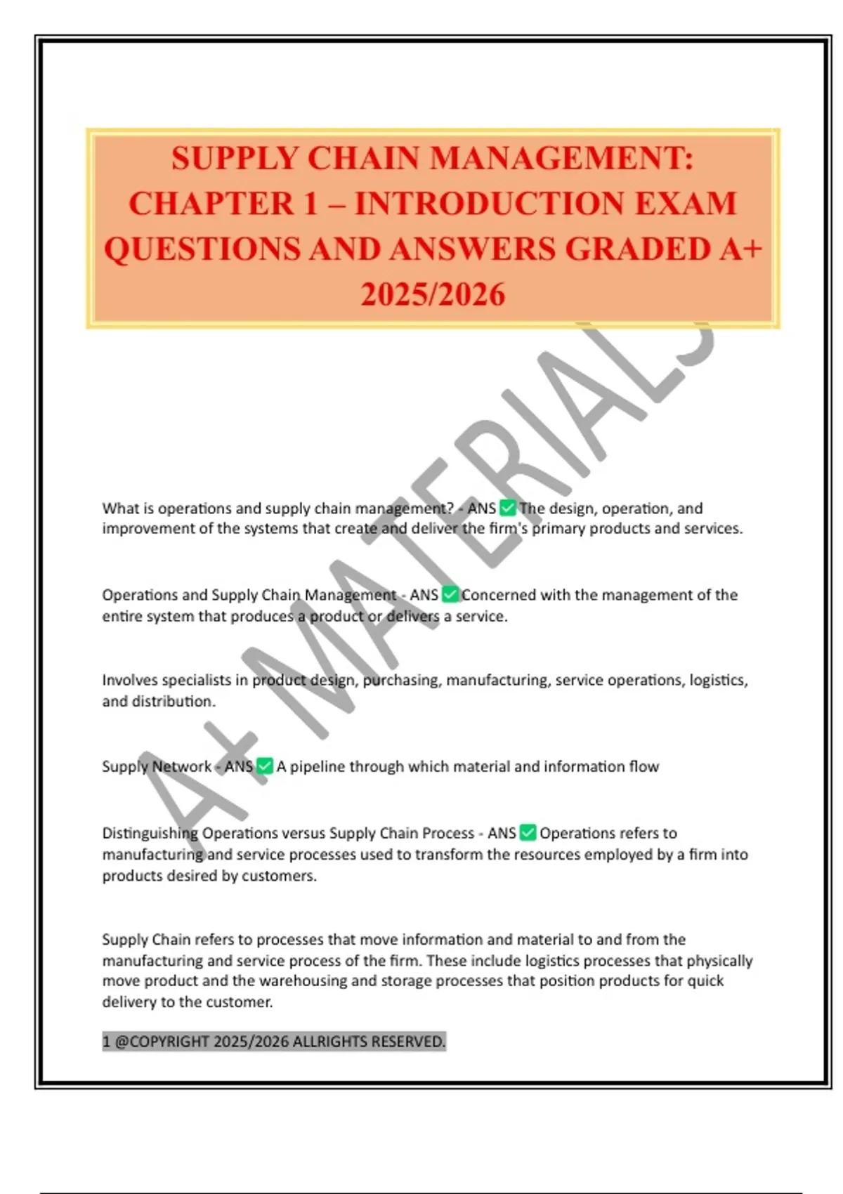 SUPPLY CHAIN MANAGEMENT: CHAPTER 1 – INTRODUCTION EXAM QUESTIONS AND ...