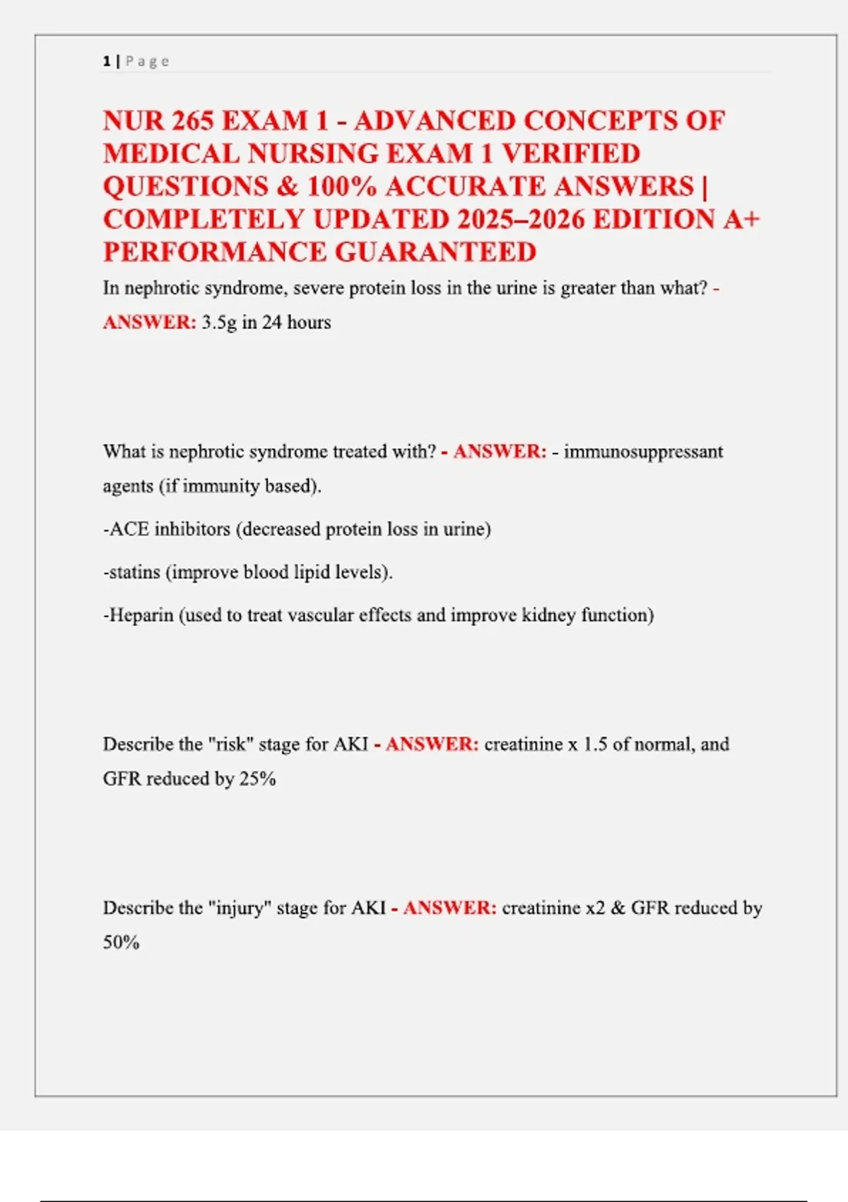 NUR 265 EXAM 1 - ADVANCED CONCEPTS OF MEDICAL NURSING EXAM 1 VERIFIED ...