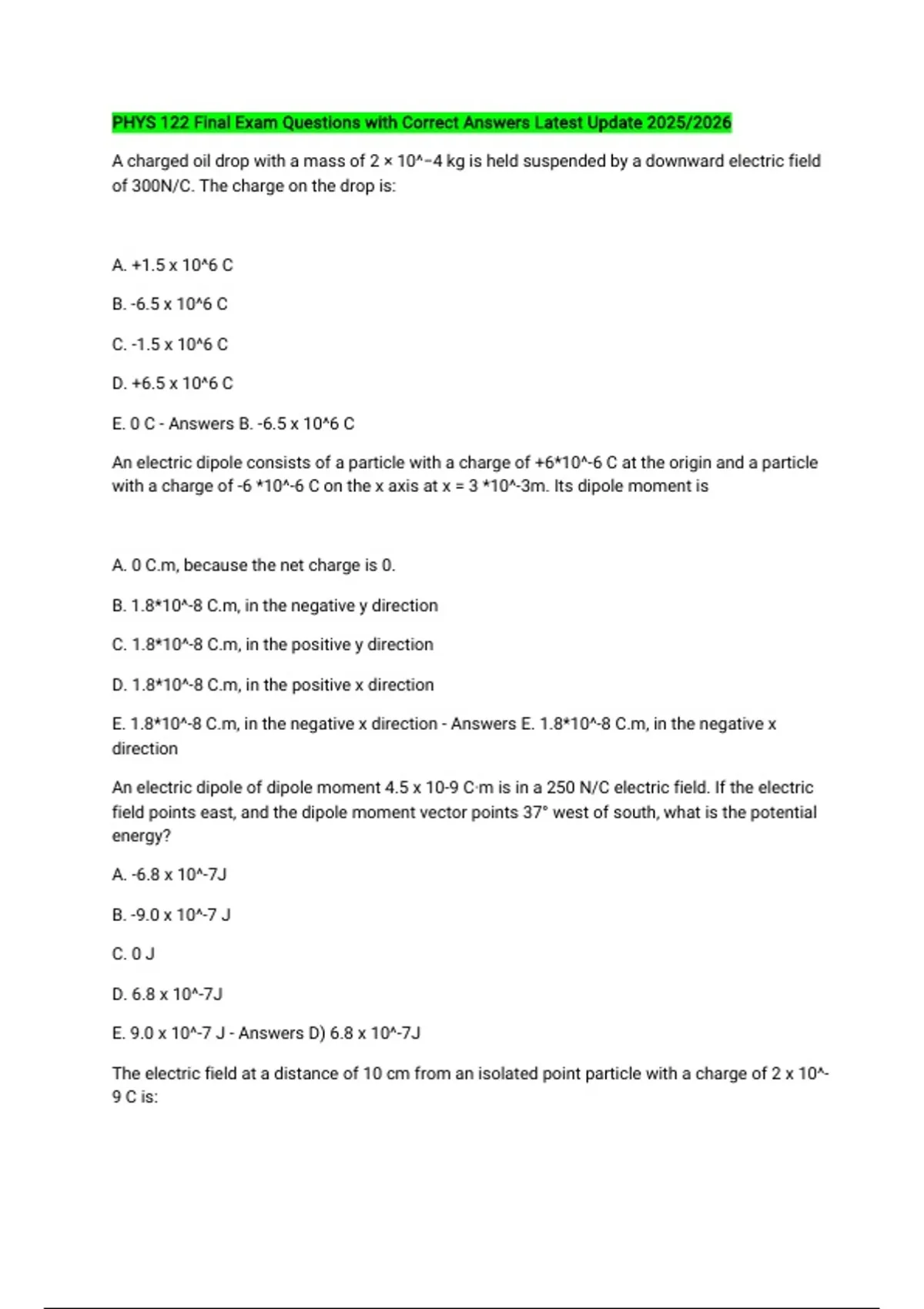 PHYS 122 Final Exam Questions with Correct Answers Latest Update 2025/ ...
