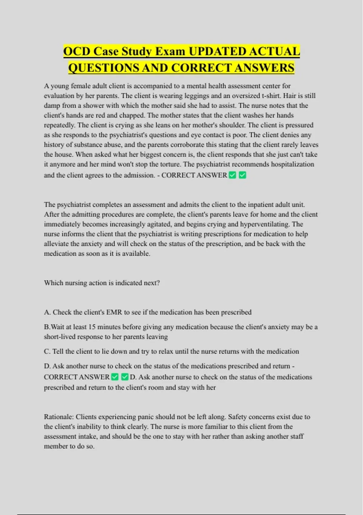 OCD Case Study Exam UPDATED ACTUAL QUESTIONS AND CORRECT ANSWERS - OCD ...
