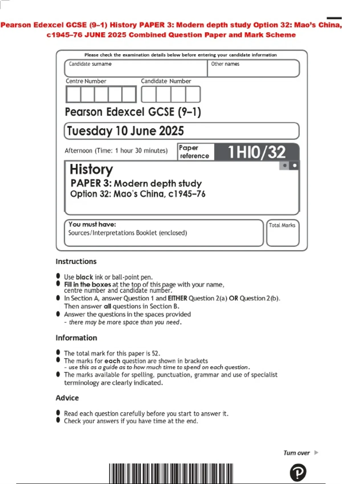 Pearson Edexcel GCSE (9–1) History PAPER 3: Modern depth study Option ...