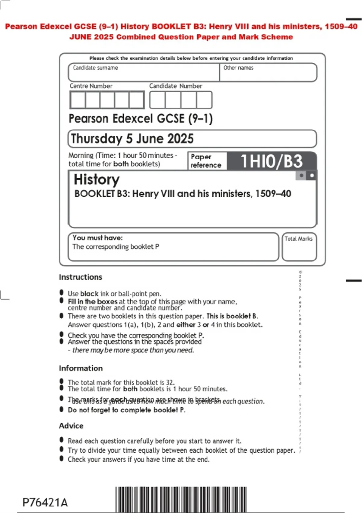 Pearson Edexcel GCSE (9–1) History BOOKLET B3: Henry VIII and his ...