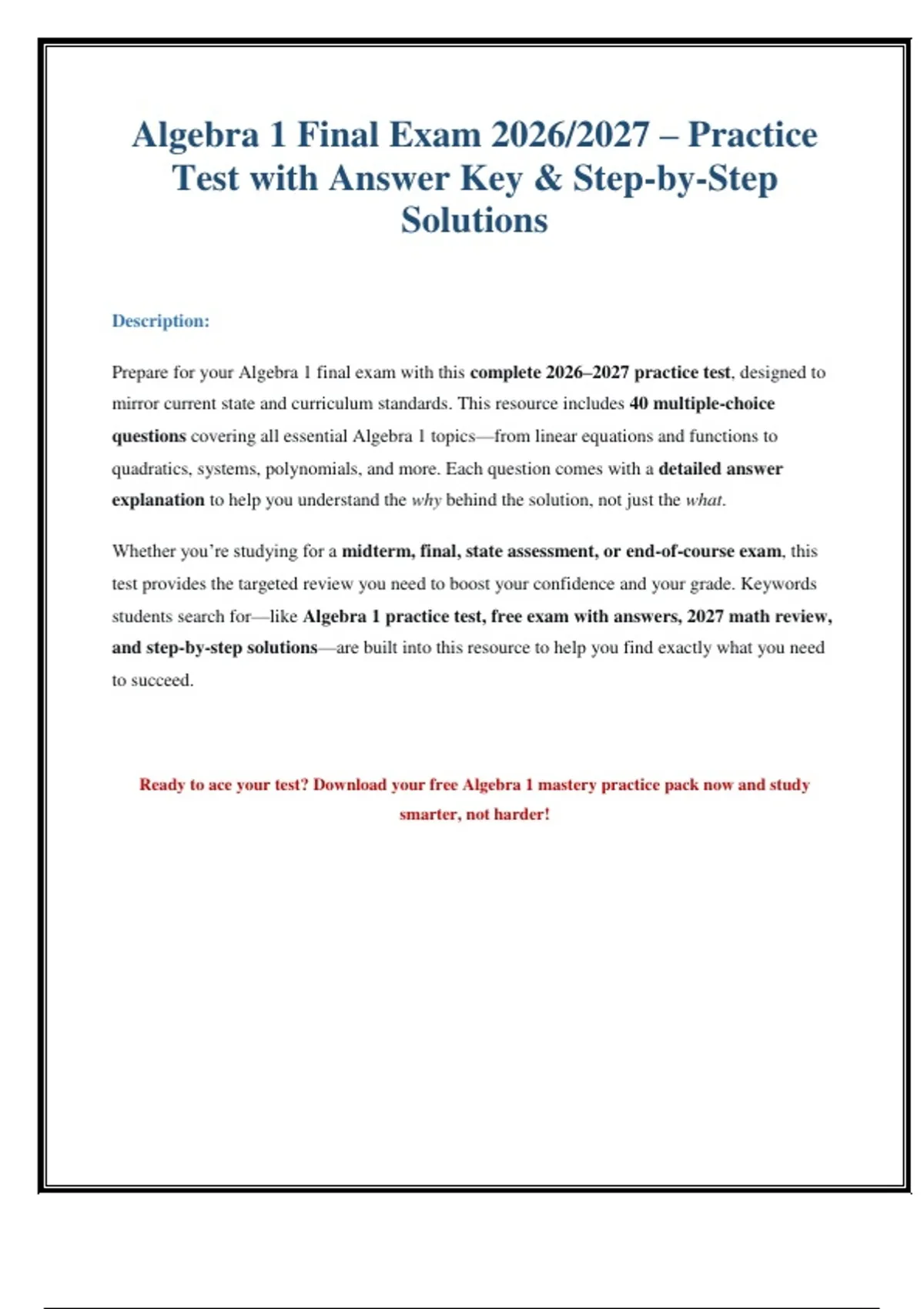 Algebra 1 Final Exam 2027: Practice Test with Answers & Explanations ...