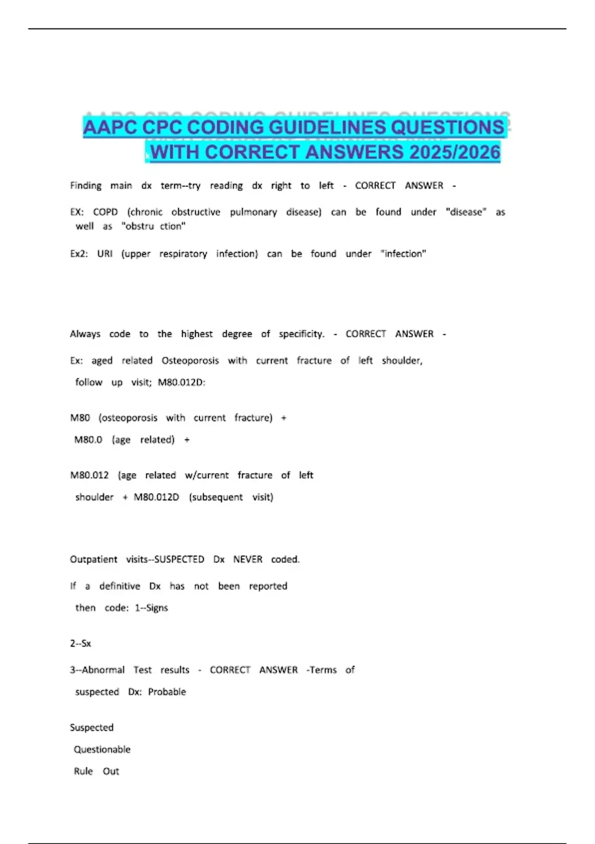 AAPC CPC CODING GUIDELINES QUESTIONS WITH CORRECT ANSWERS - AAPC CPC ...