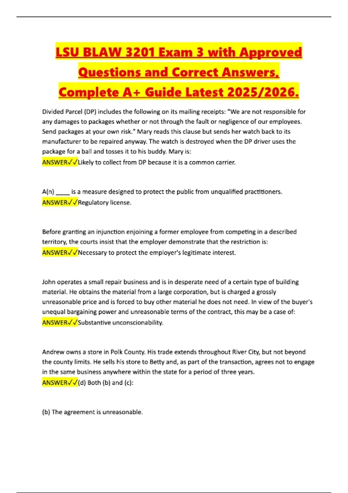 LSU BLAW 3201 Exam 3 with Approved Questions and Correct Answers ...