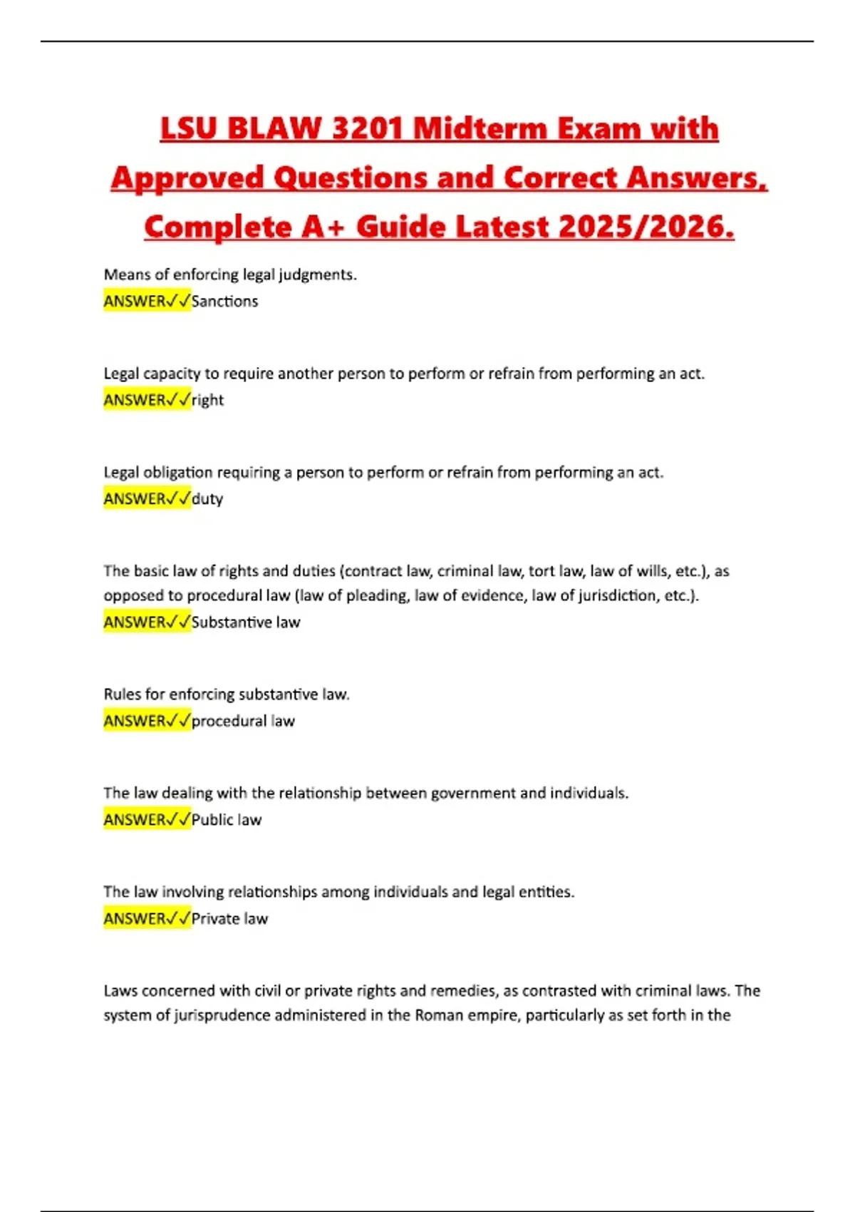 LSU BLAW 3201 Midterm Exam with Approved Questions and Correct Answers ...