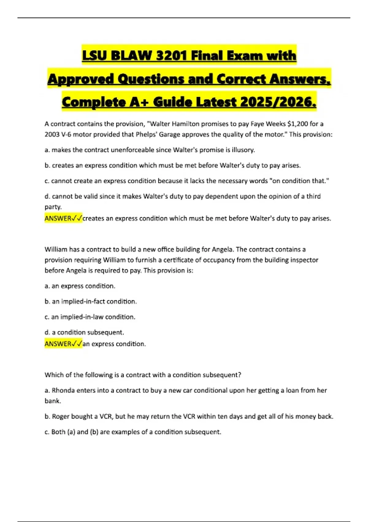 LSU BLAW 3201 Final Exam with Approved Questions and Correct Answers ...