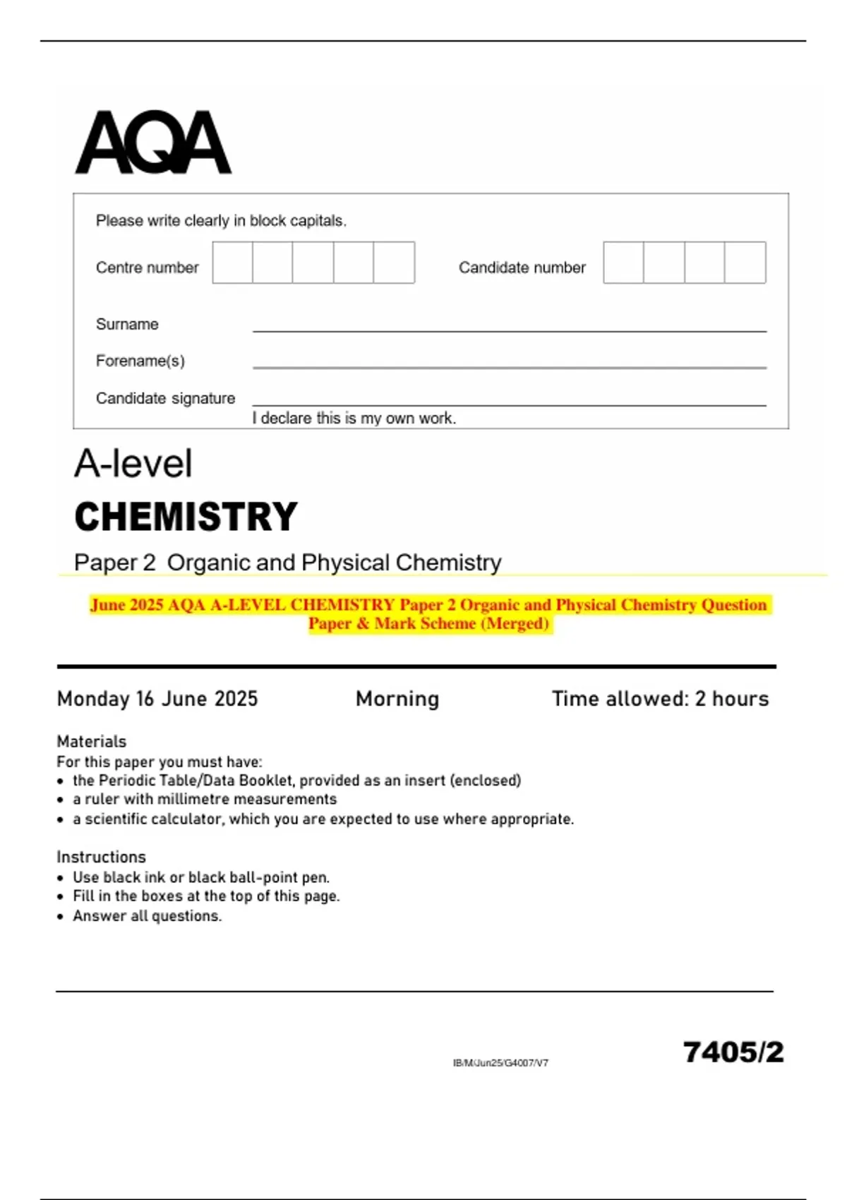 June 2025 AQA A-LEVEL CHEMISTRY Paper 2 Organic and Physical Chemistry ...
