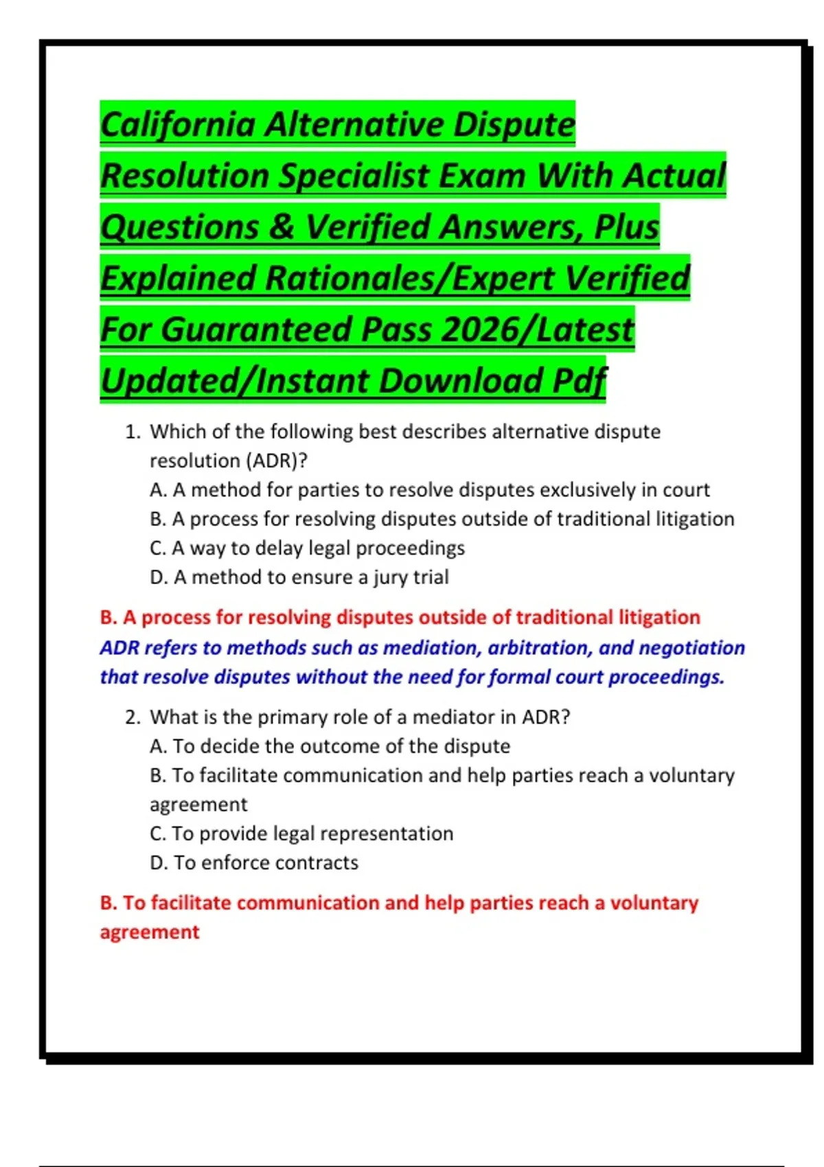 California Alternative Dispute Resolution Specialist Exam With Actual ...