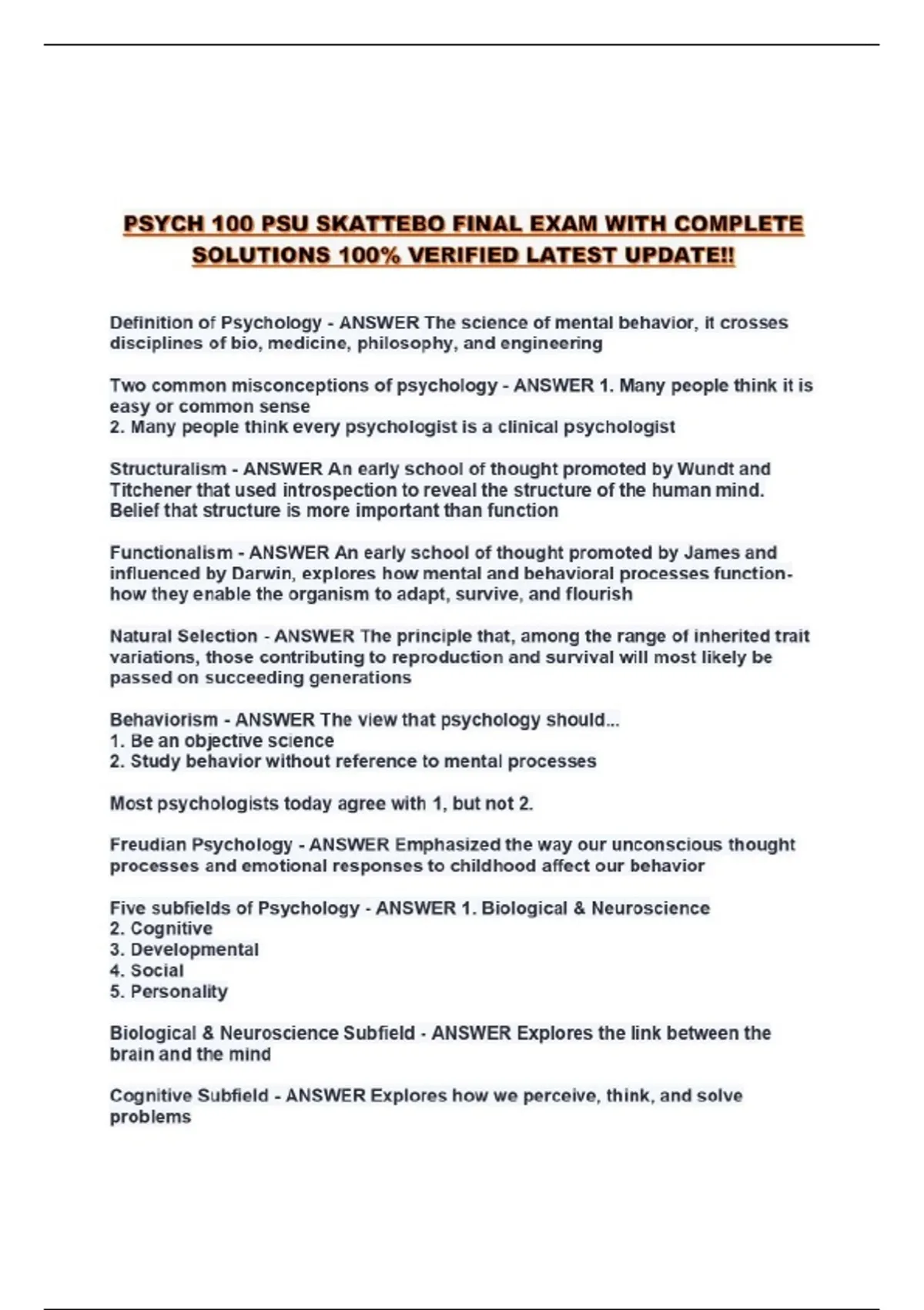 PSYCH 100 PSU SKATTEBO FINAL EXAM WITH COMPLETE SOLUTIONS 100% VERIFIED ...