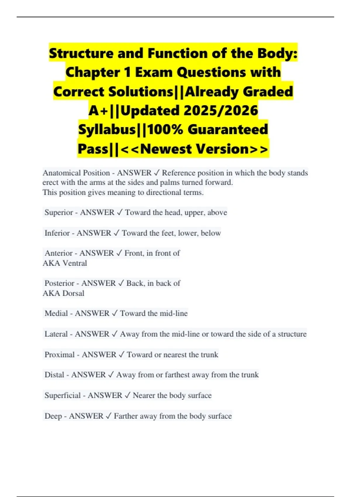 Structure and Function of the Body: Chapter 1 Exam Questions with ...
