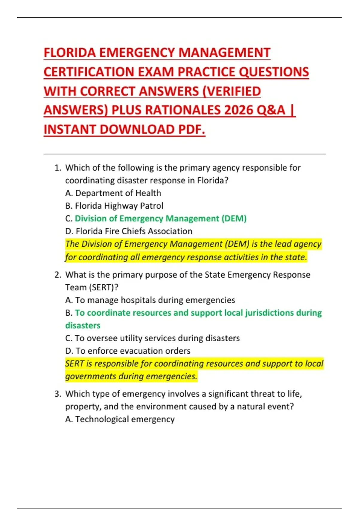 FLORIDA EMERGENCY MANAGEMENT CERTIFICATION EXAM PRACTICE QUESTIONS WITH ...