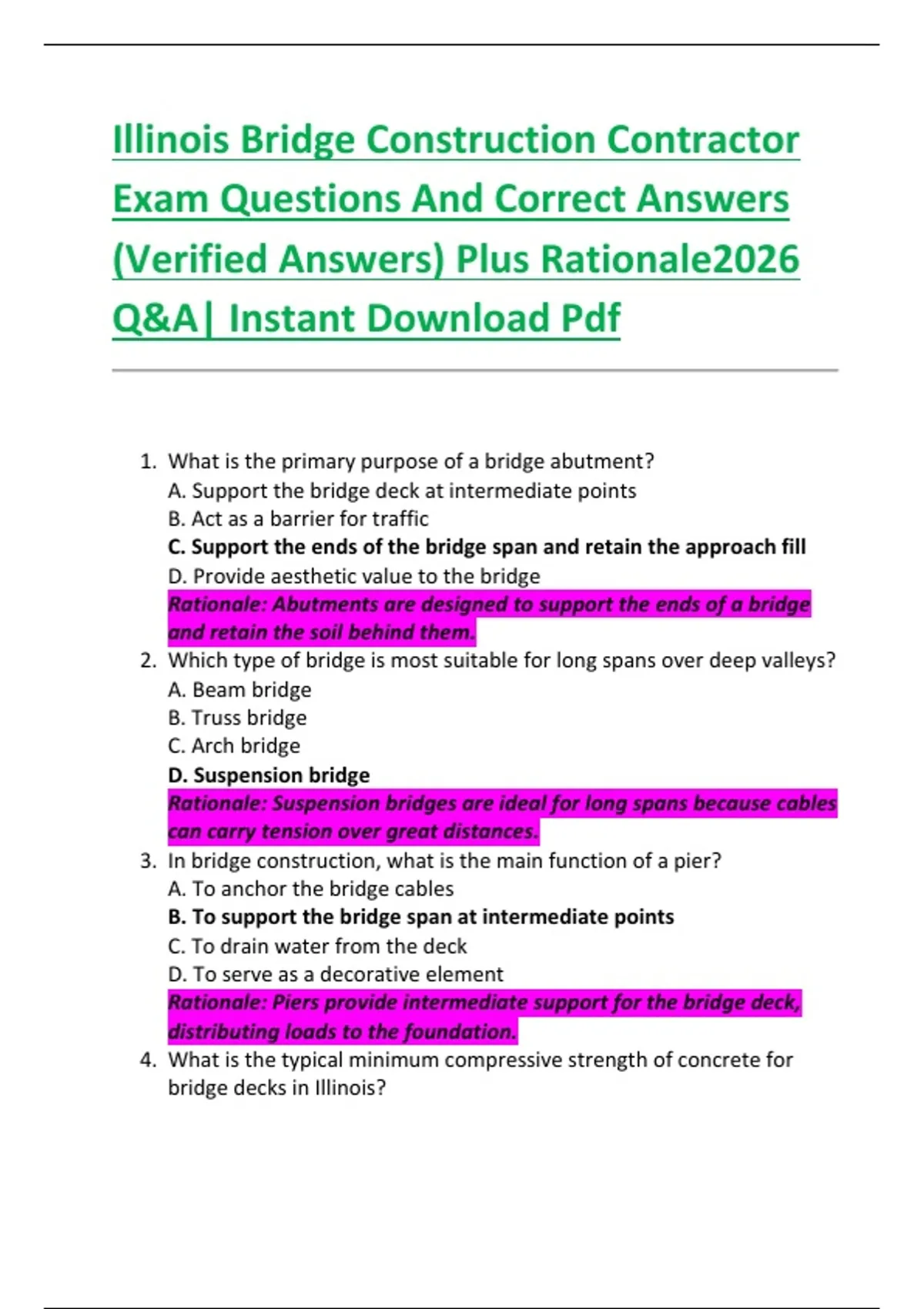 Bridge Example Question Exam Illinois Bridge Construction Contractor Exam Questions And Correct ...