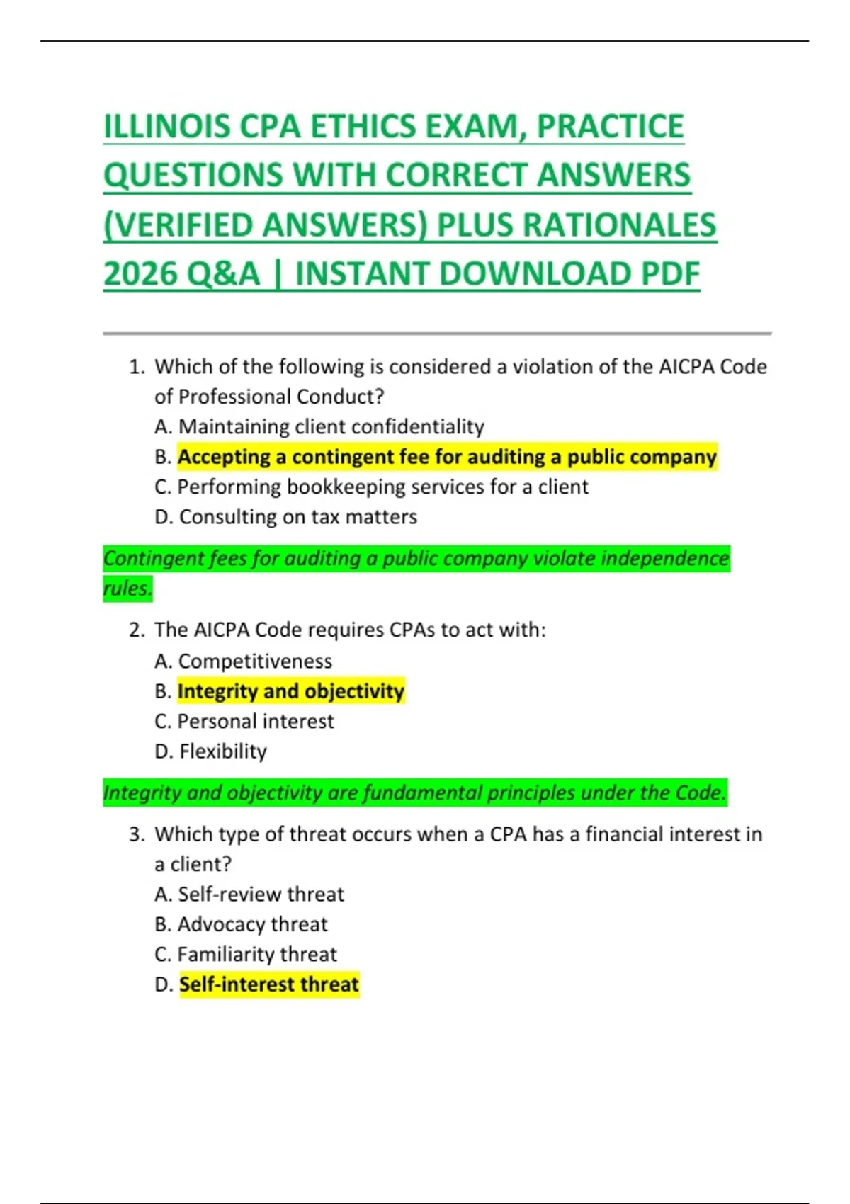 ILLINOIS CPA ETHICS EXAM, PRACTICE QUESTIONS WITH CORRECT ANSWERS ...