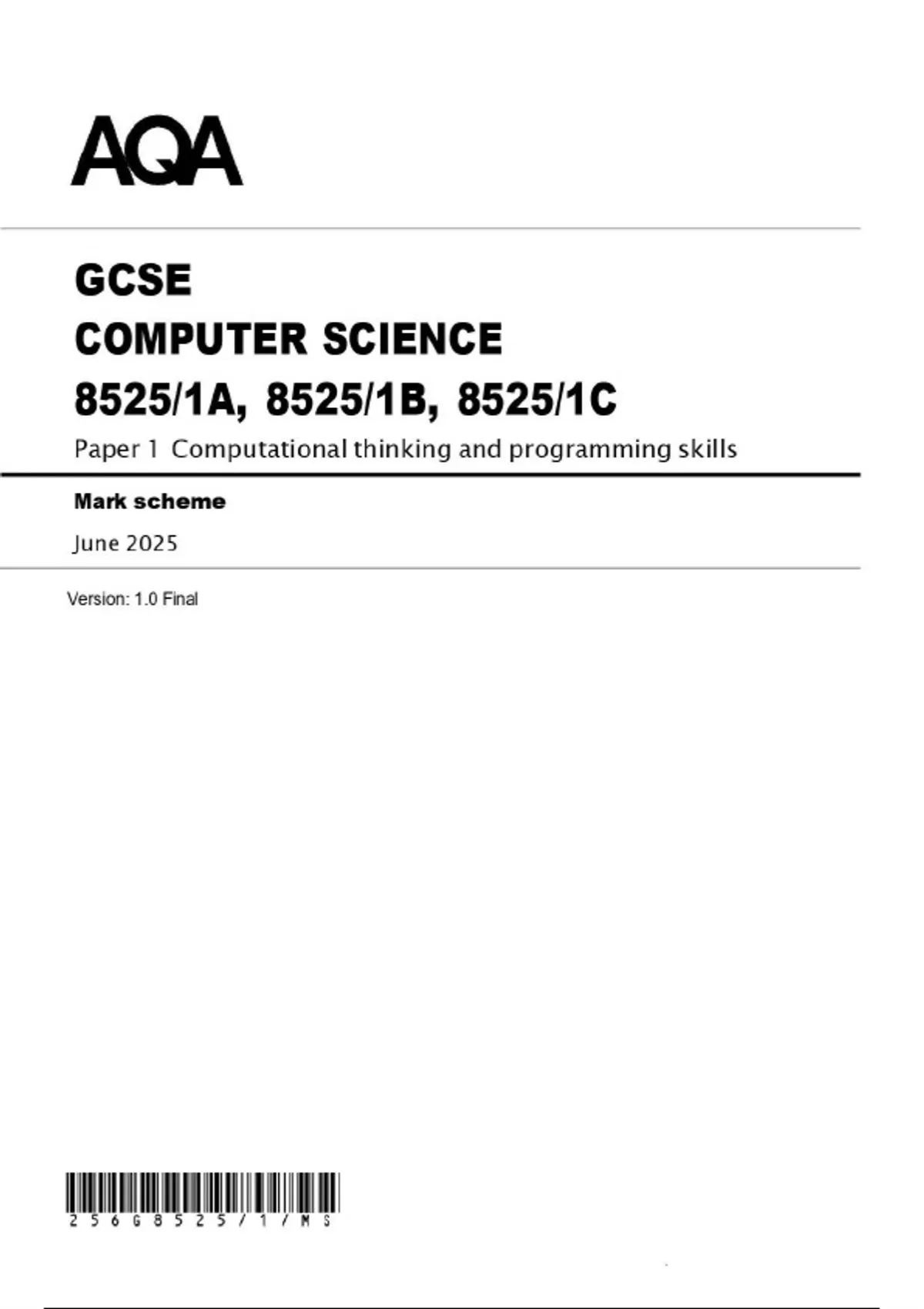 GCSE AQA Computer Science 8525/1B Paper 1 2025 Mark Scheme - Computing ...