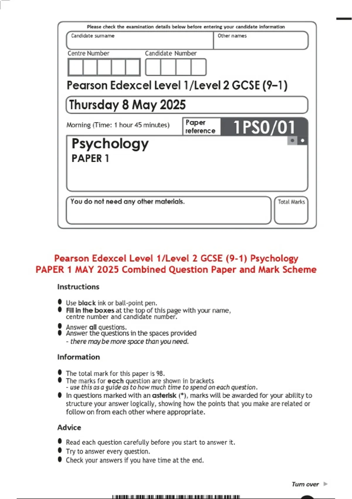 Pearson Edexcel Level 1/Level 2 GCSE (9–1) Psychology PAPER 1 MAY 2025 ...