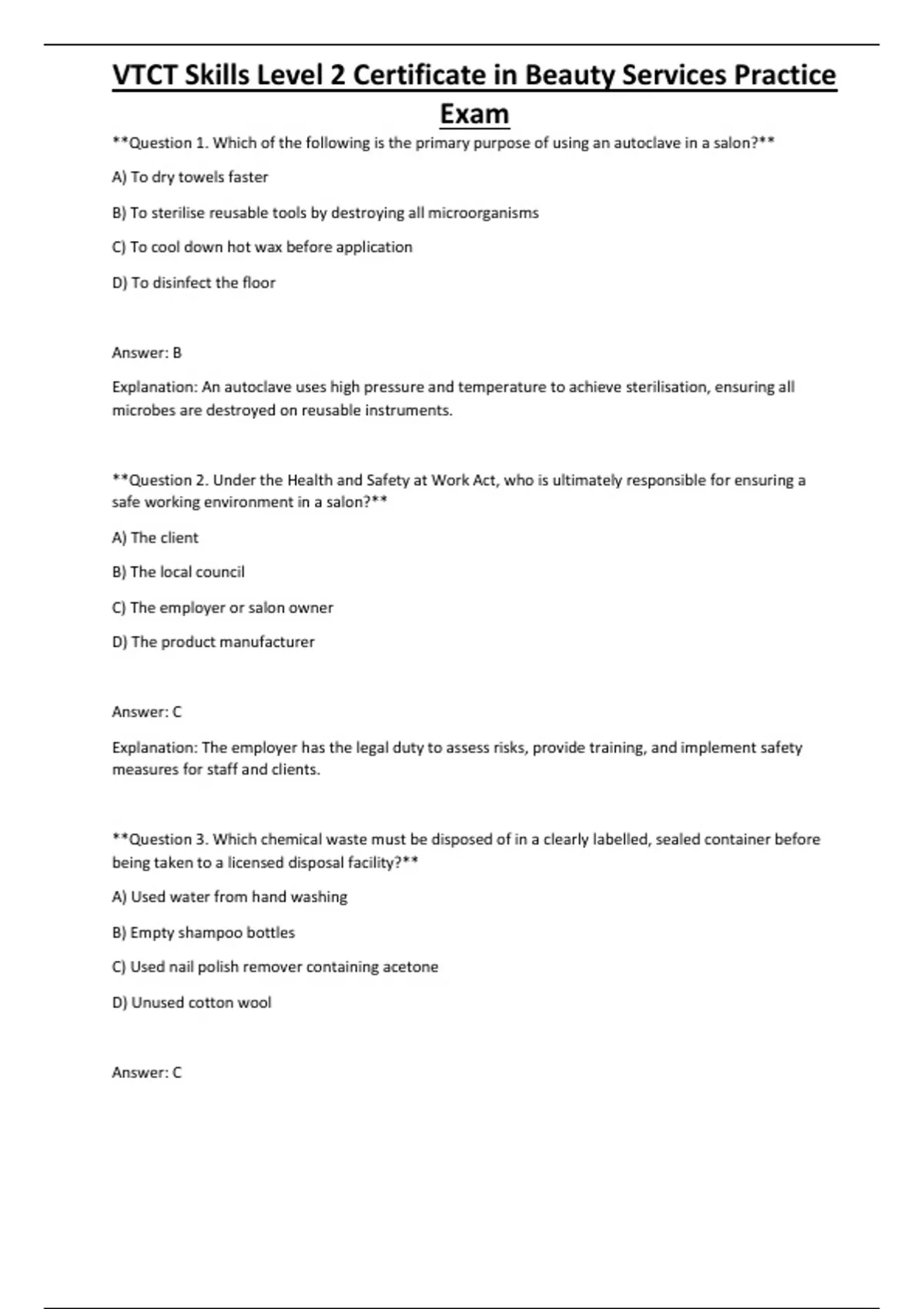 VTCT Skills Level 2 Certificate in Beauty Services Practice Exam ...