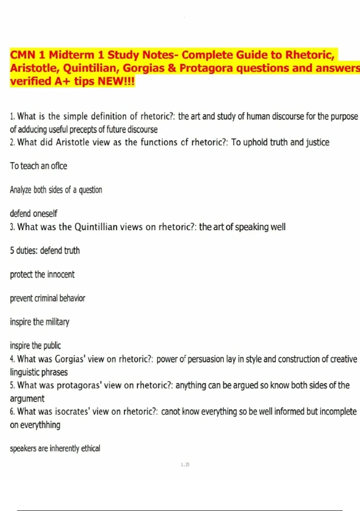 CMN 1 Midterm 1 Study Notes- Complete Guide to Rhetoric, Aristotle ...