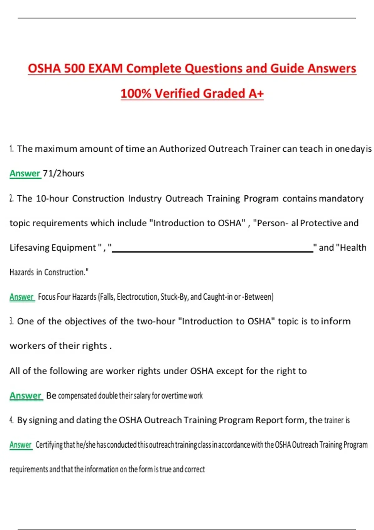 OSHA 500 Exam (Latest 2025/2026 Update) Complete Questions and Guide ...