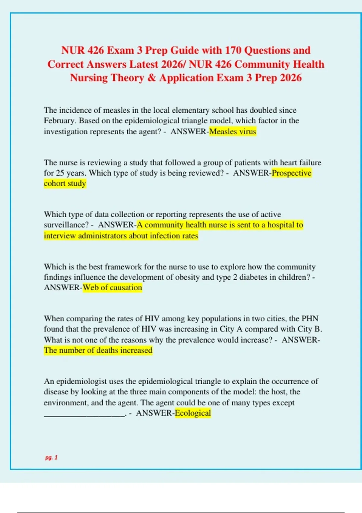 NUR 426 Exam 3 Prep Guide with 170 Questions and Correct Answers Latest ...