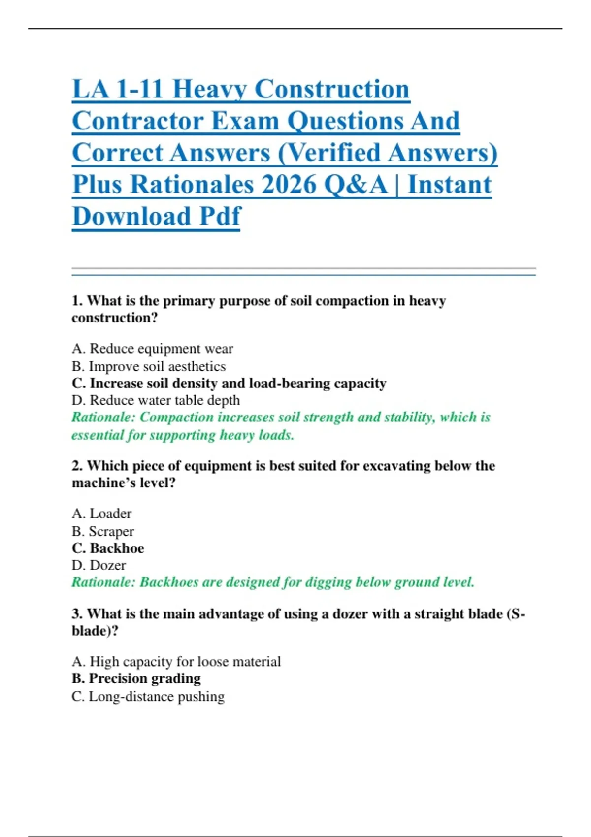 LA 1-11 Heavy Construction Contractor Exam Questions And Correct ...