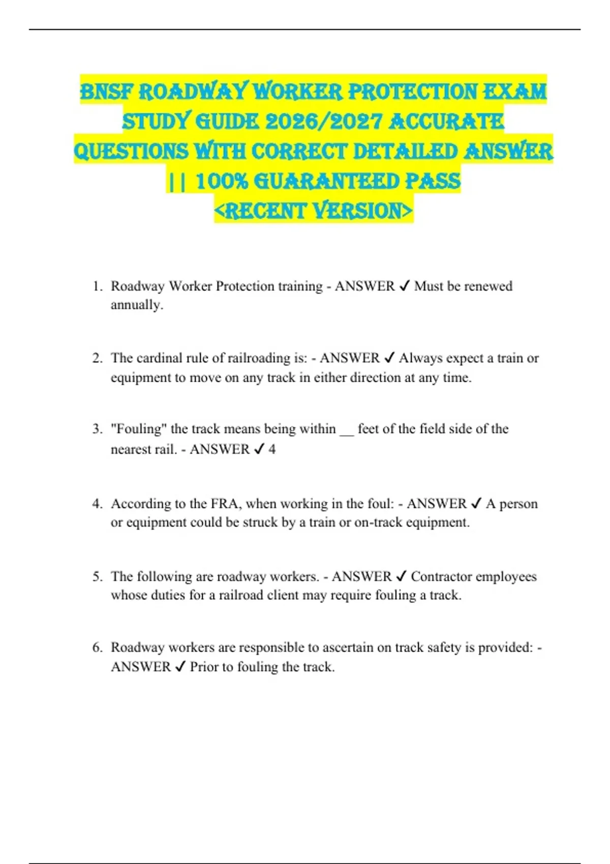 BNSF Roadway Worker Protection EXAM STUDY GUIDE 2026/2027 ACCURATE QUESTIONS WITH CORRECT ...