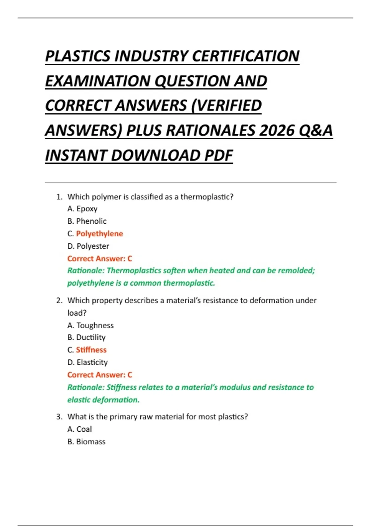 PLASTICS INDUSTRY CERTIFICATION EXAMINATION QUESTION AND CORRECT ...