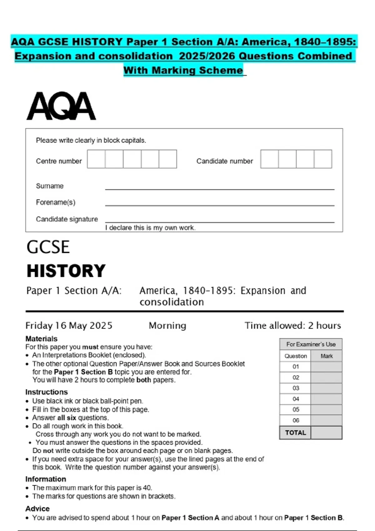 History Gcse Coursework Example AQA GCSE HISTORY Paper 1 Section A/A: America, 1840–1895: Expansion and ...