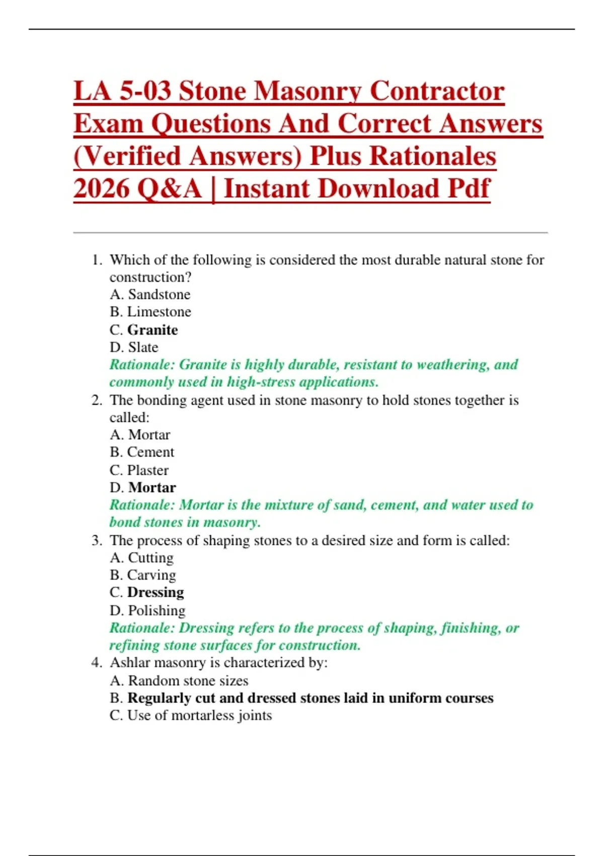 LA 5-03 Stone Masonry Contractor Exam Questions And Correct Answers (Verified Answers) Plus ...