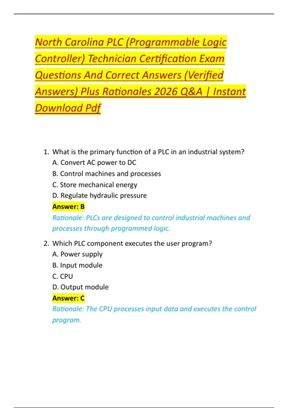 Programmable Systems Questions North Carolina PLC (Programmable Logic Controller) Technician ...