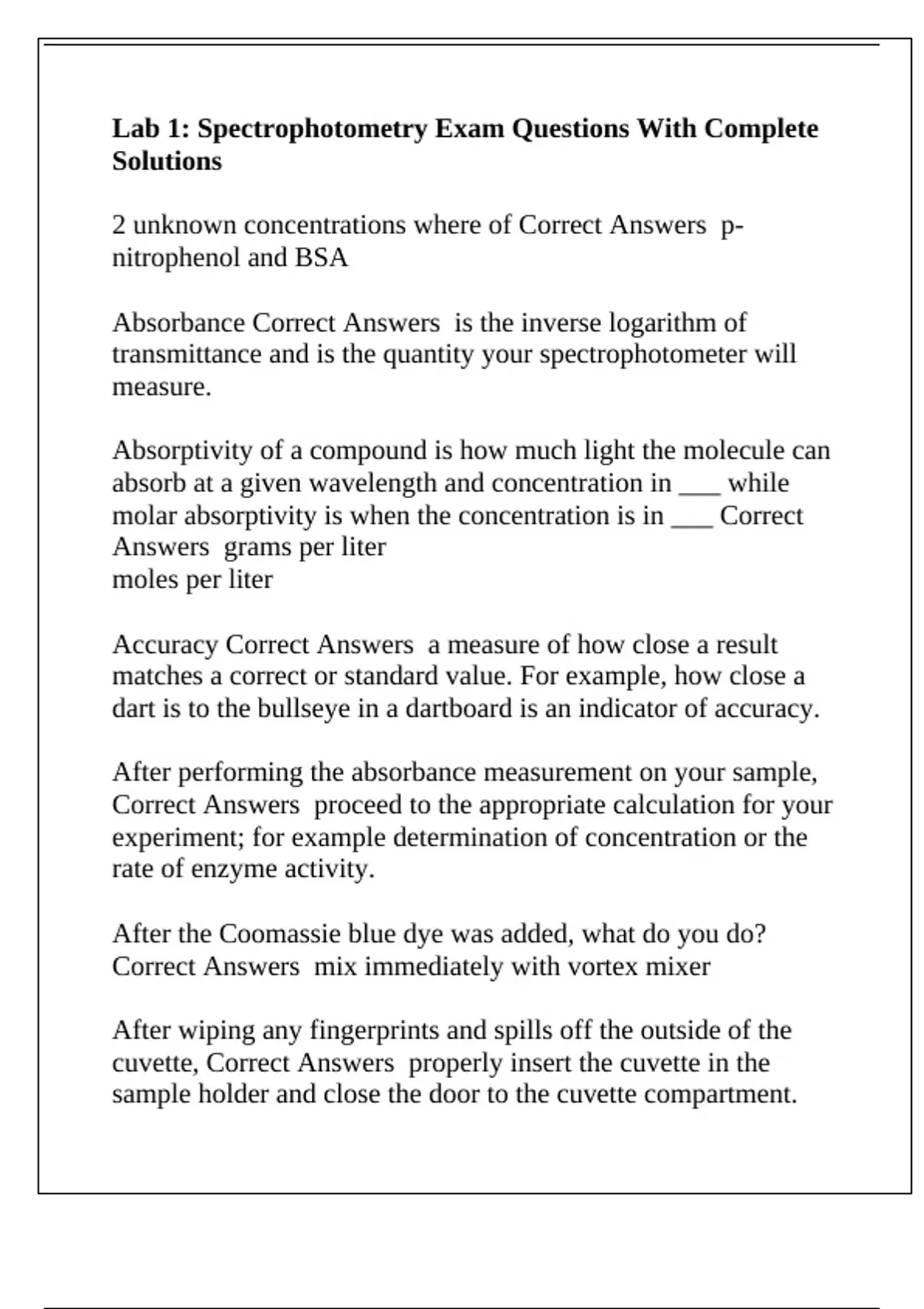 Lab 1: Spectrophotometry Exam Questions With Complete Solutions ...