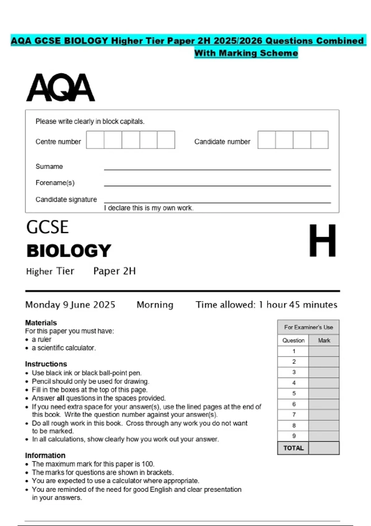 AQA GCSE BIOLOGY Higher Tier Paper 2H 2025/2026 Questions Combined With ...