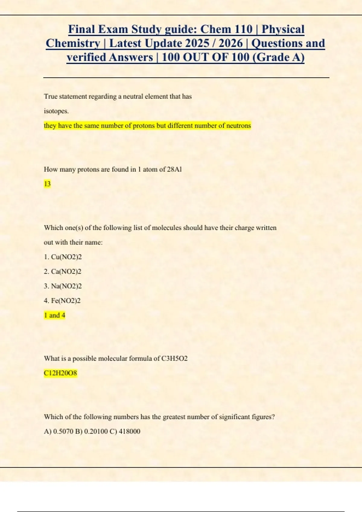 Chem 110 Physical Chemistry – Final Exam Version 2 with Verified ...
