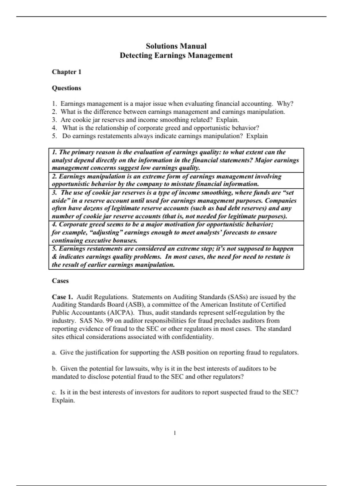 Summary solutions manual, textbook answers: Detecting Earnings ...
